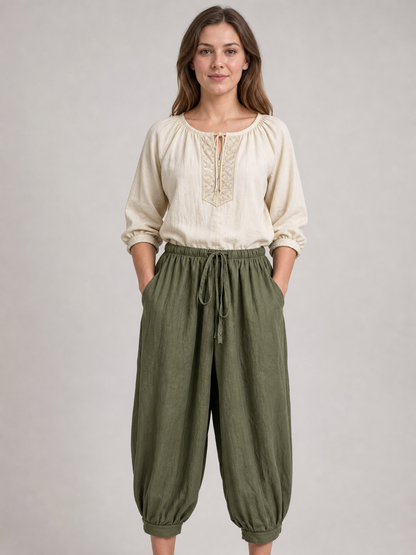Olive 7/8 Harem Pants with Pockets and Drawstring