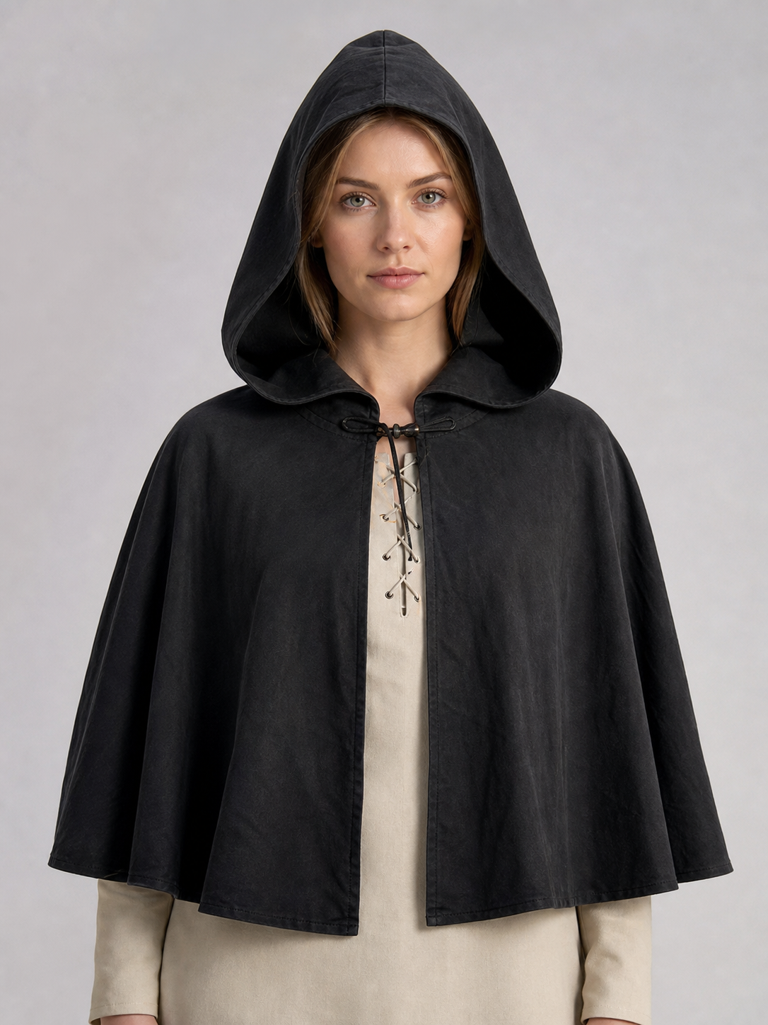 Black Long Hooded Cotton-Linen Cloak