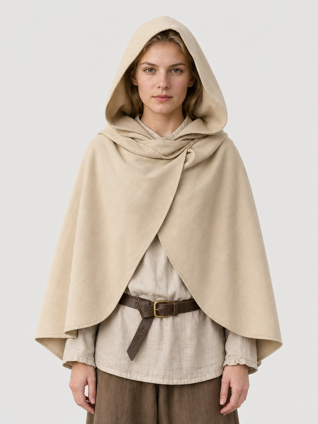 Medieval Hooded Cloak, Pointed Hood Full-Length Draped Cape in Khaki for Cosplay, Fantasy Costumes and Historical-Style Outdoor Outfits