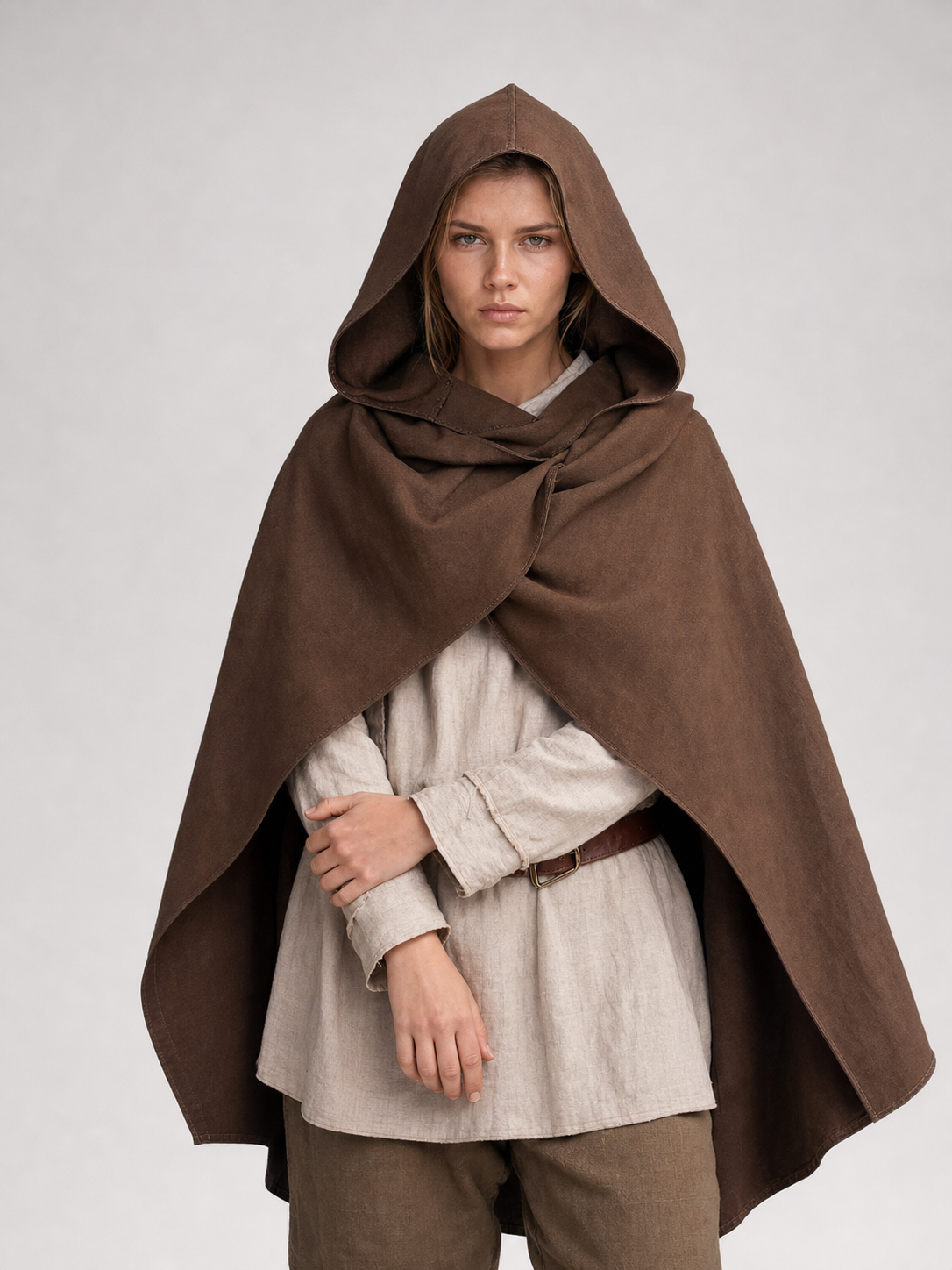 Medieval Fantasy Hooded Cloak, Deep Brown Long Draped Cape with Overlapping Front and Pointed Hem for Role Play, Stage Styling and Outdoor Wear