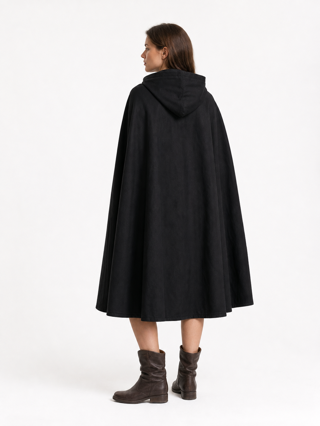 Black Long Hooded Cotton-Linen Cloak