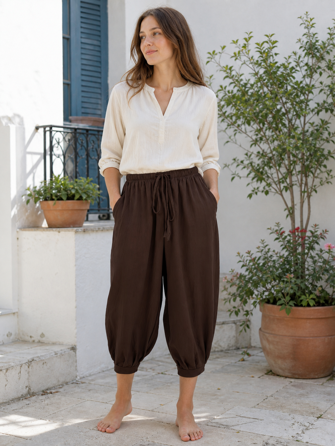 Brown Cotton-Linen Aladdin Pants