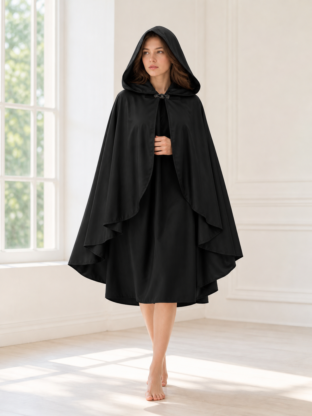 Black Hooded Carnival Cape, Flowing