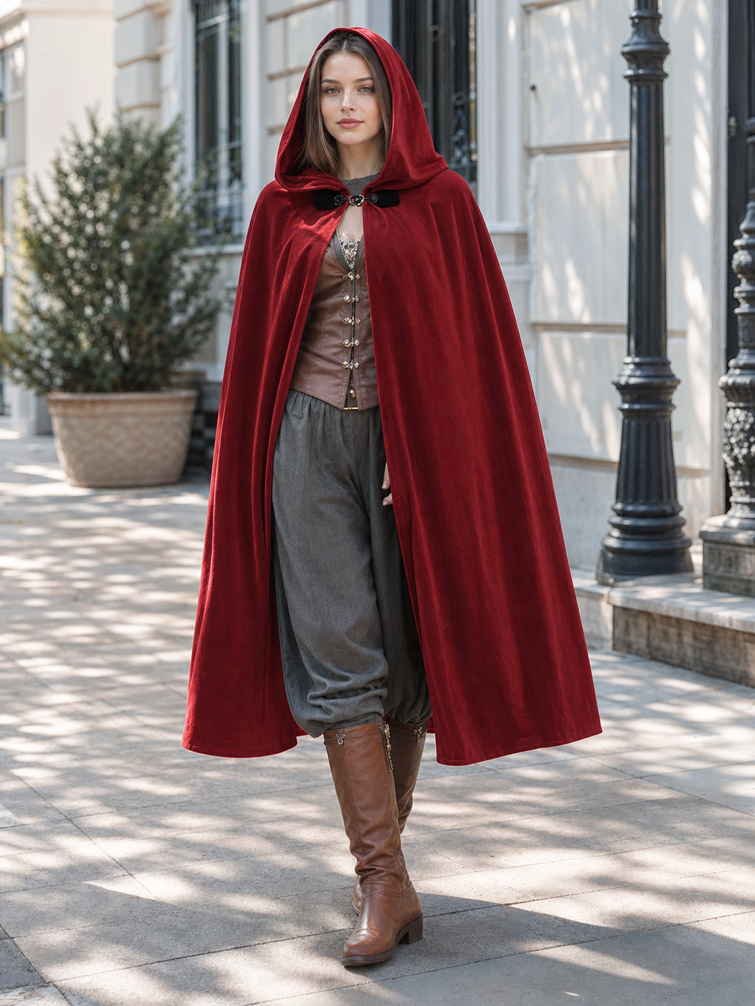 Burgundy Medieval Hooded Costume Cloak