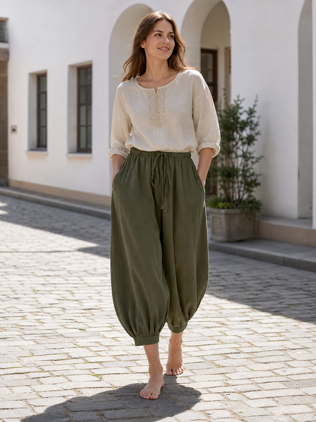 Olive 7/8 Harem Pants with Pockets and Drawstring