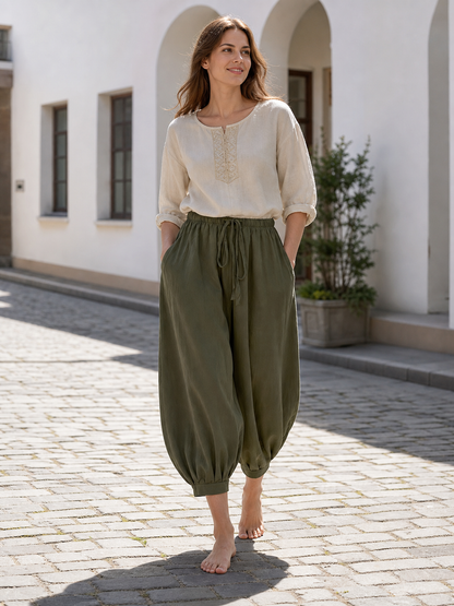Olive 7/8 Harem Pants with Pockets and Drawstring