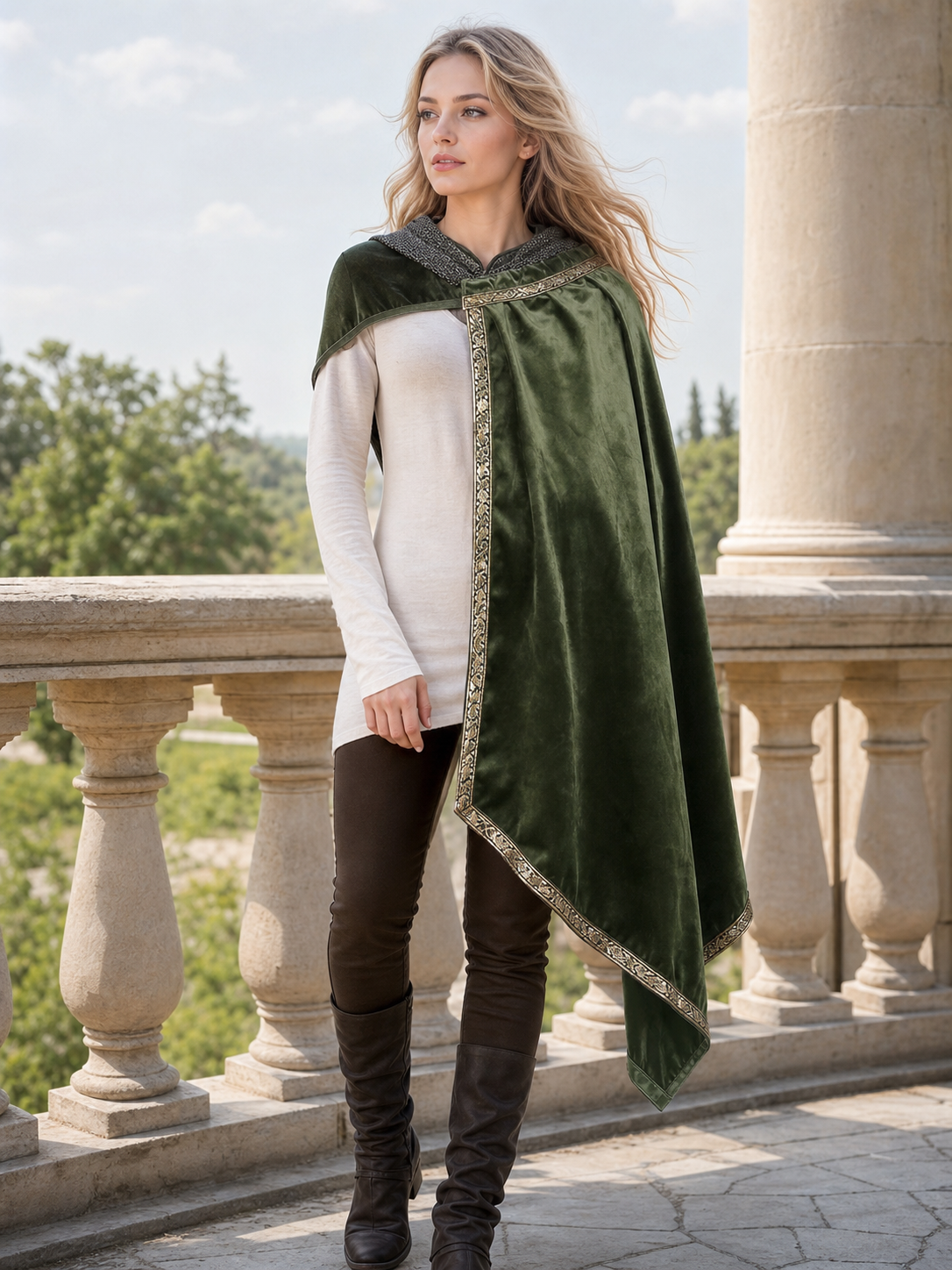 Green asymmetrical long carnival cape
