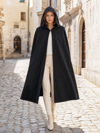 Black Long Hooded Cotton-Linen Cloak