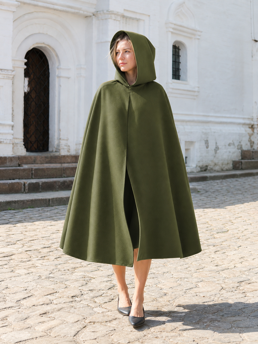 Triangular Hooded Cape, Olive Green