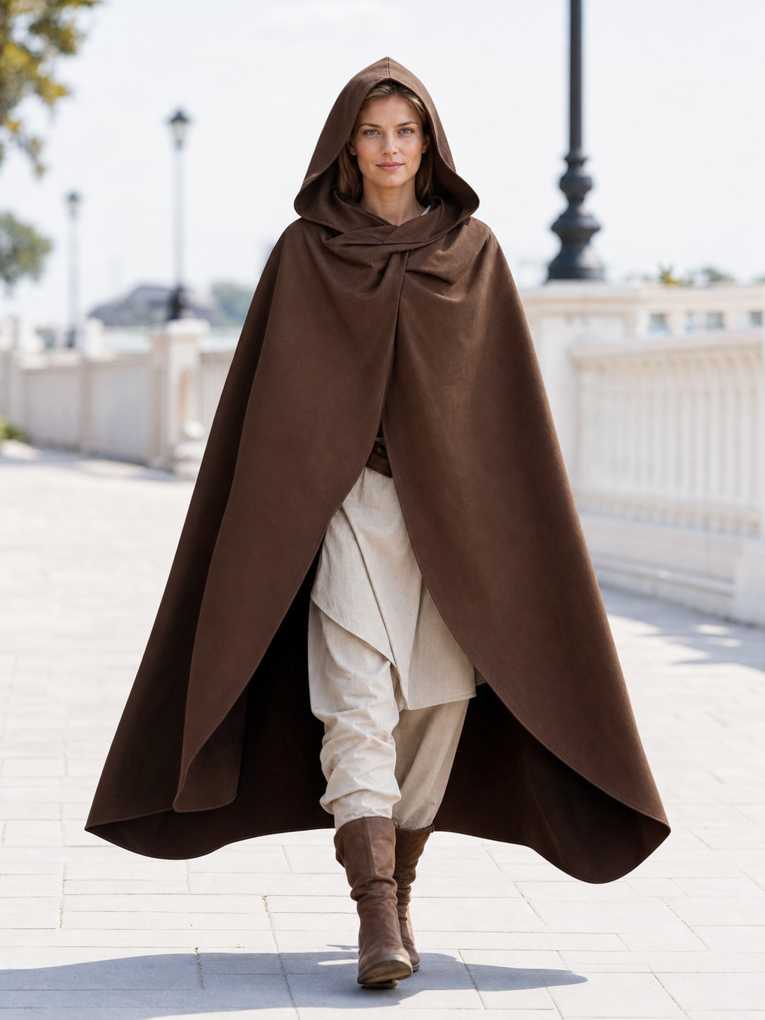 Medieval Fantasy Hooded Cloak, Deep Brown Long Draped Cape with Overlapping Front and Pointed Hem for Role Play, Stage Styling and Outdoor Wear