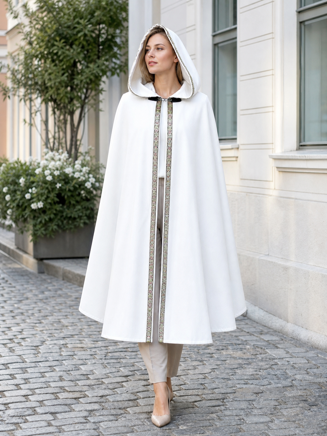 White Medieval Hooded Costume Cloak