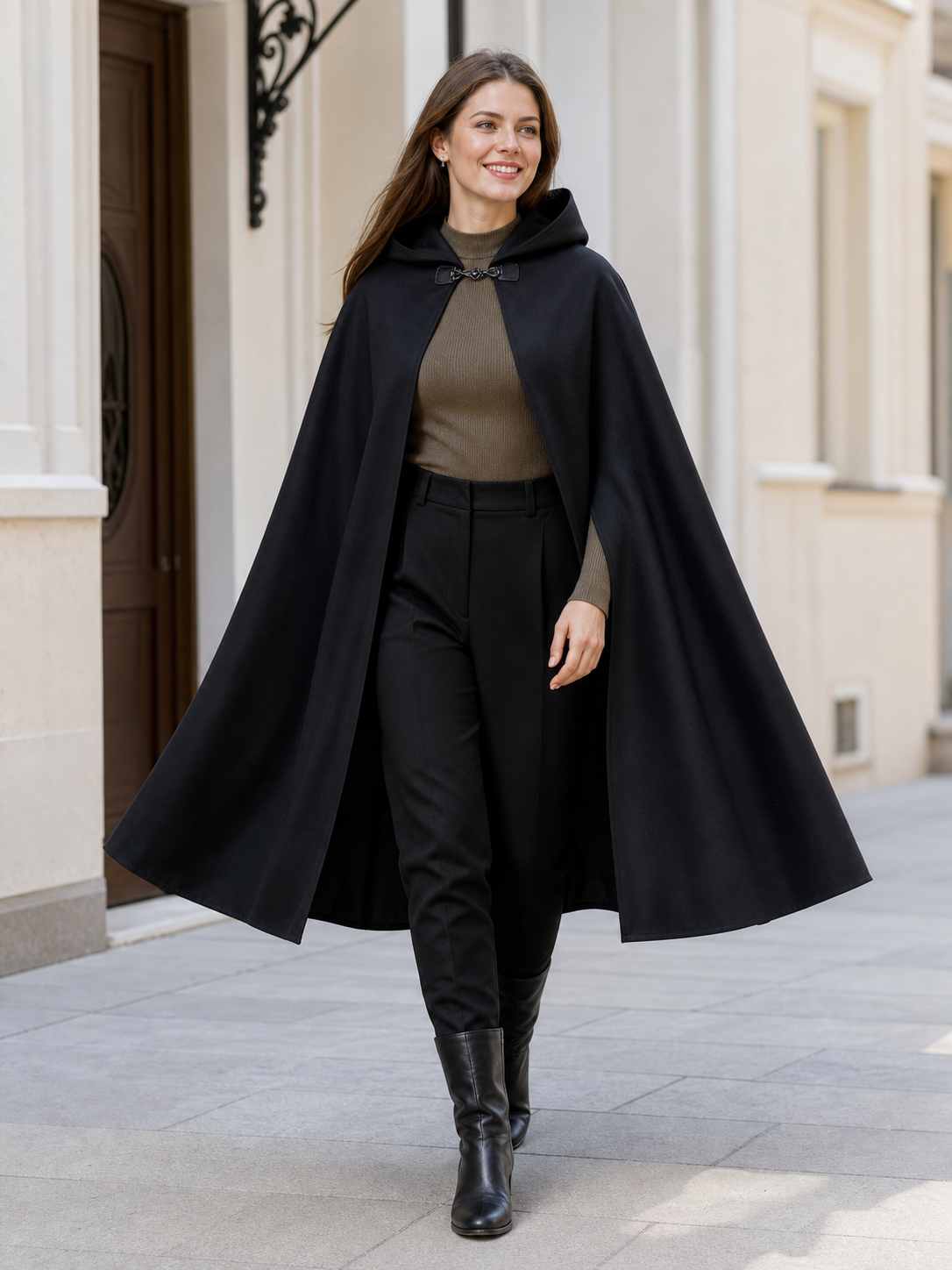 Long black hooded carnival cloak