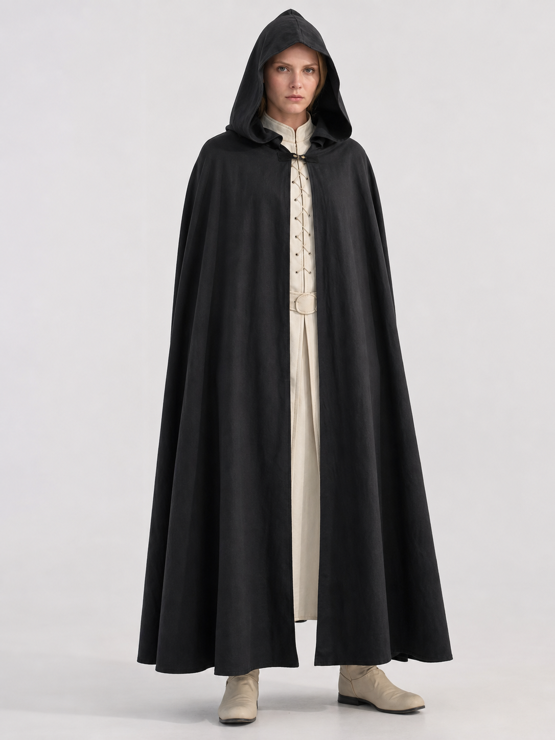 Black Long Hooded Cotton-Linen Cloak