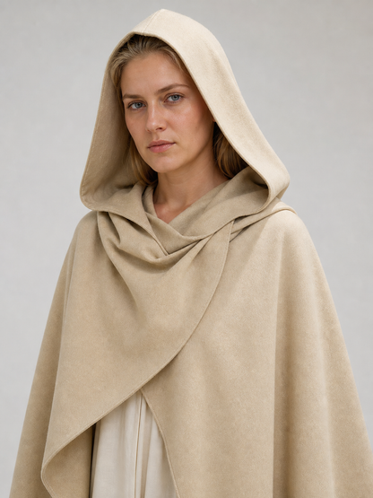 Medieval Hooded Cloak, Pointed Hood Full-Length Draped Cape in Khaki for Cosplay, Fantasy Costumes and Historical-Style Outdoor Outfits