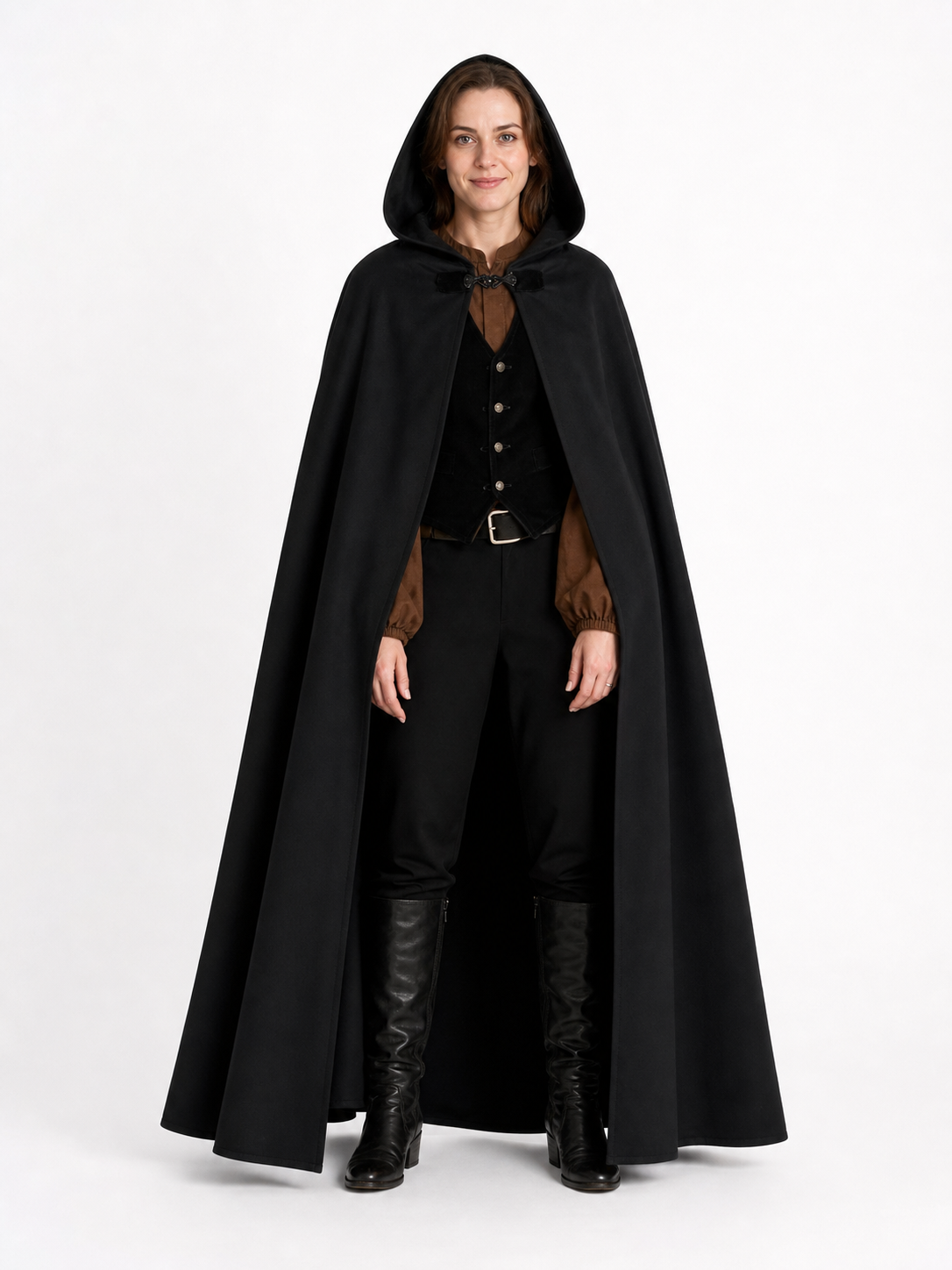 Long black hooded carnival cloak
