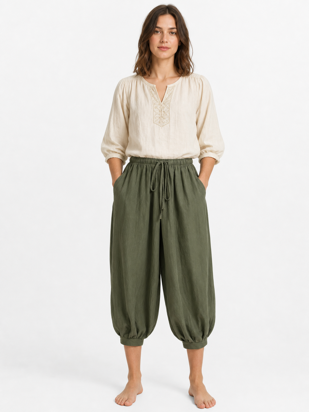 Olive 7/8 Harem Pants with Pockets and Drawstring
