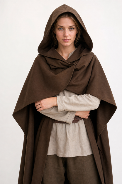 Medieval Fantasy Hooded Cloak, Deep Brown Long Draped Cape with Overlapping Front and Pointed Hem for Role Play, Stage Styling and Outdoor Wear