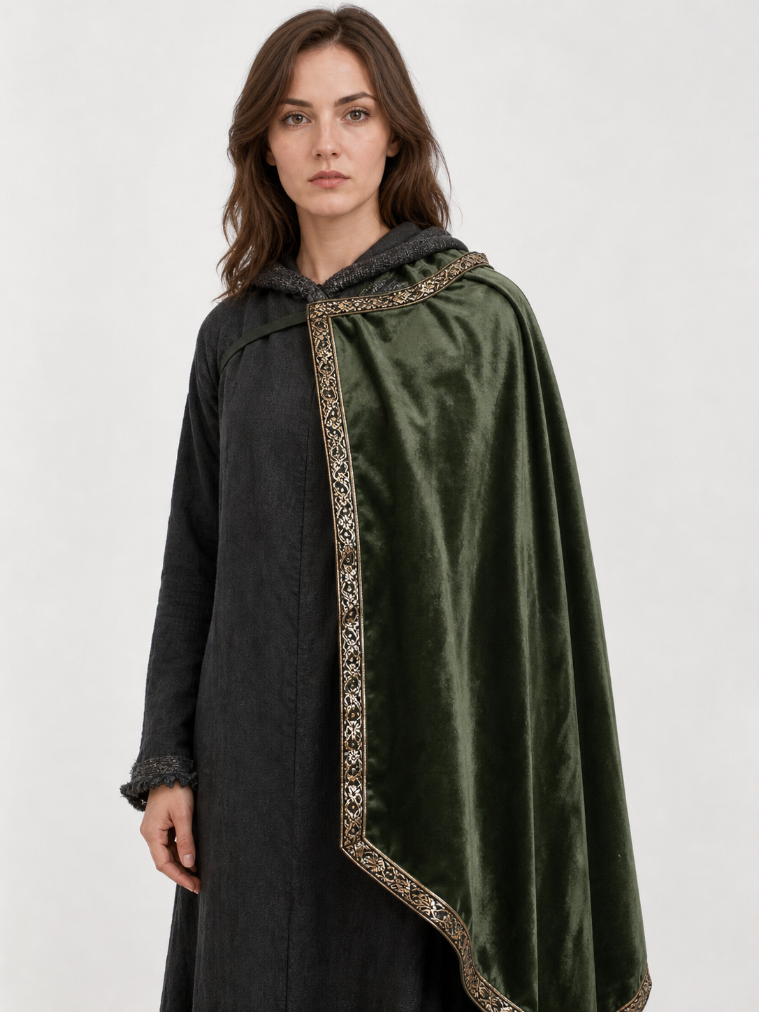 Green asymmetrical long carnival cape