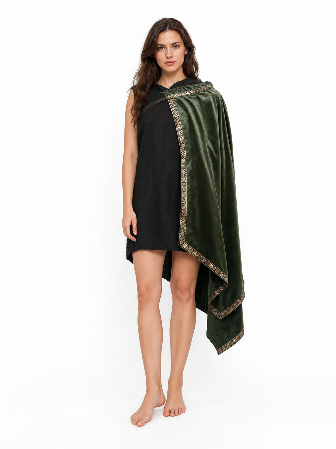 Green asymmetrical long carnival cape