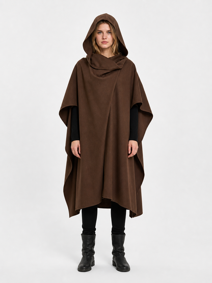Medieval Fantasy Hooded Cloak, Deep Brown Long Draped Cape with Overlapping Front and Pointed Hem for Role Play, Stage Styling and Outdoor Wear