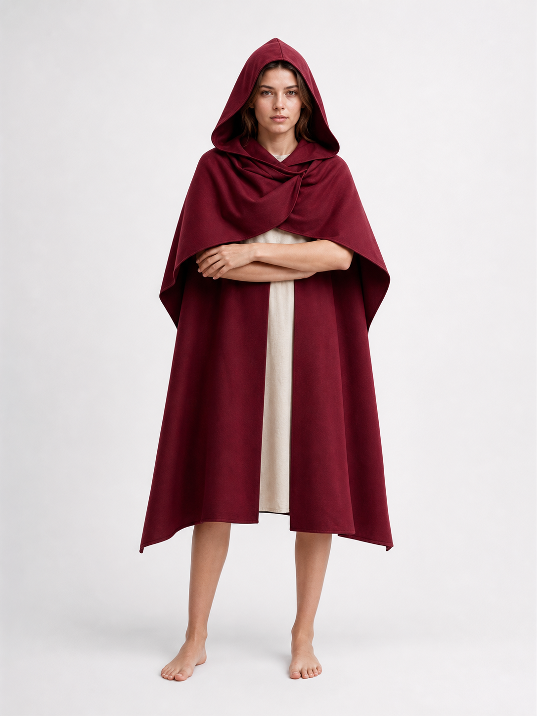Medieval Hooded Cloak Wine Red Cape with Overlapping Front and Irregular Draped Hem for Cosplay, Theme Parties, Stage Performances and Fantasy Photography