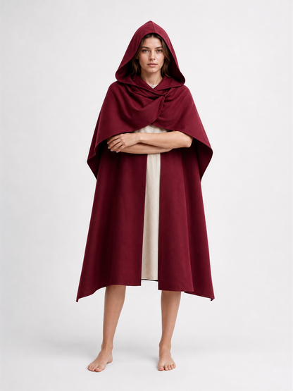 Medieval Hooded Cloak Wine Red Cape with Overlapping Front and Irregular Draped Hem for Cosplay, Theme Parties, Stage Performances and Fantasy Photography