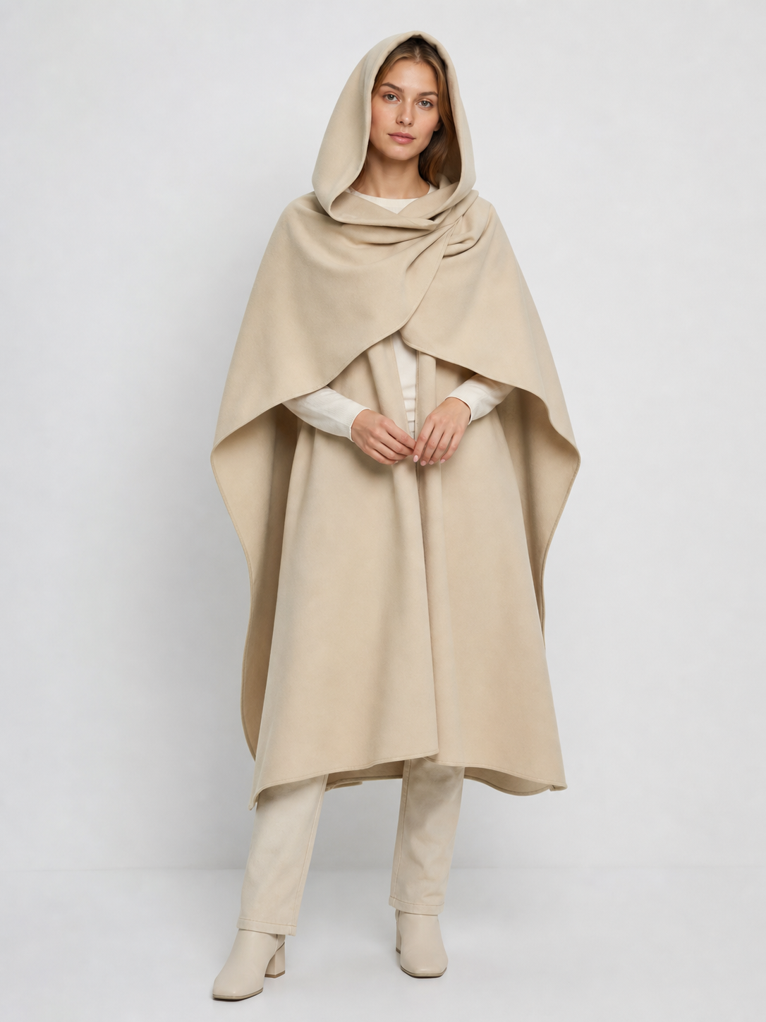 Medieval Hooded Cloak, Pointed Hood Full-Length Draped Cape in Khaki for Cosplay, Fantasy Costumes and Historical-Style Outdoor Outfits