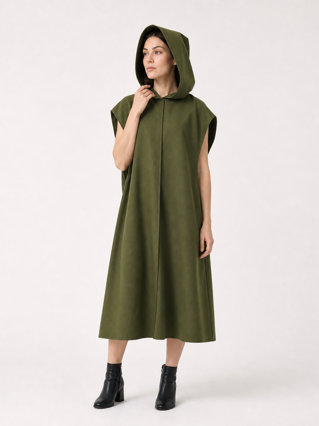 Triangular Hooded Cape, Olive Green