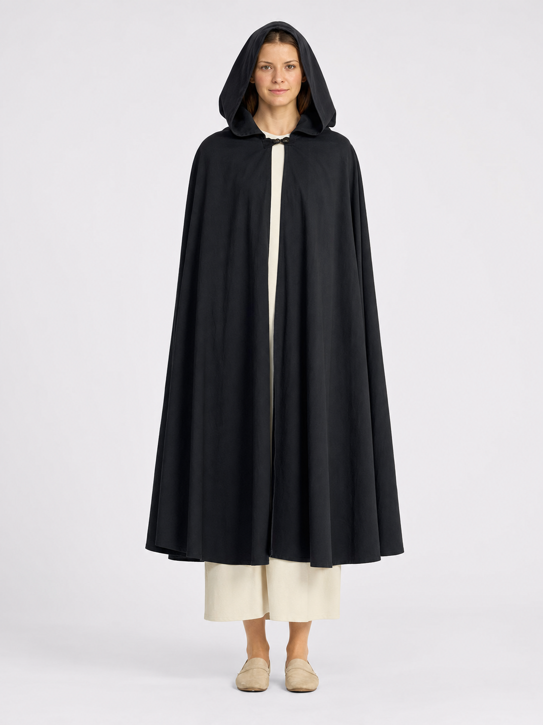 Black Long Hooded Cotton-Linen Cloak