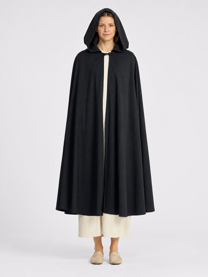 Black Long Hooded Cotton-Linen Cloak