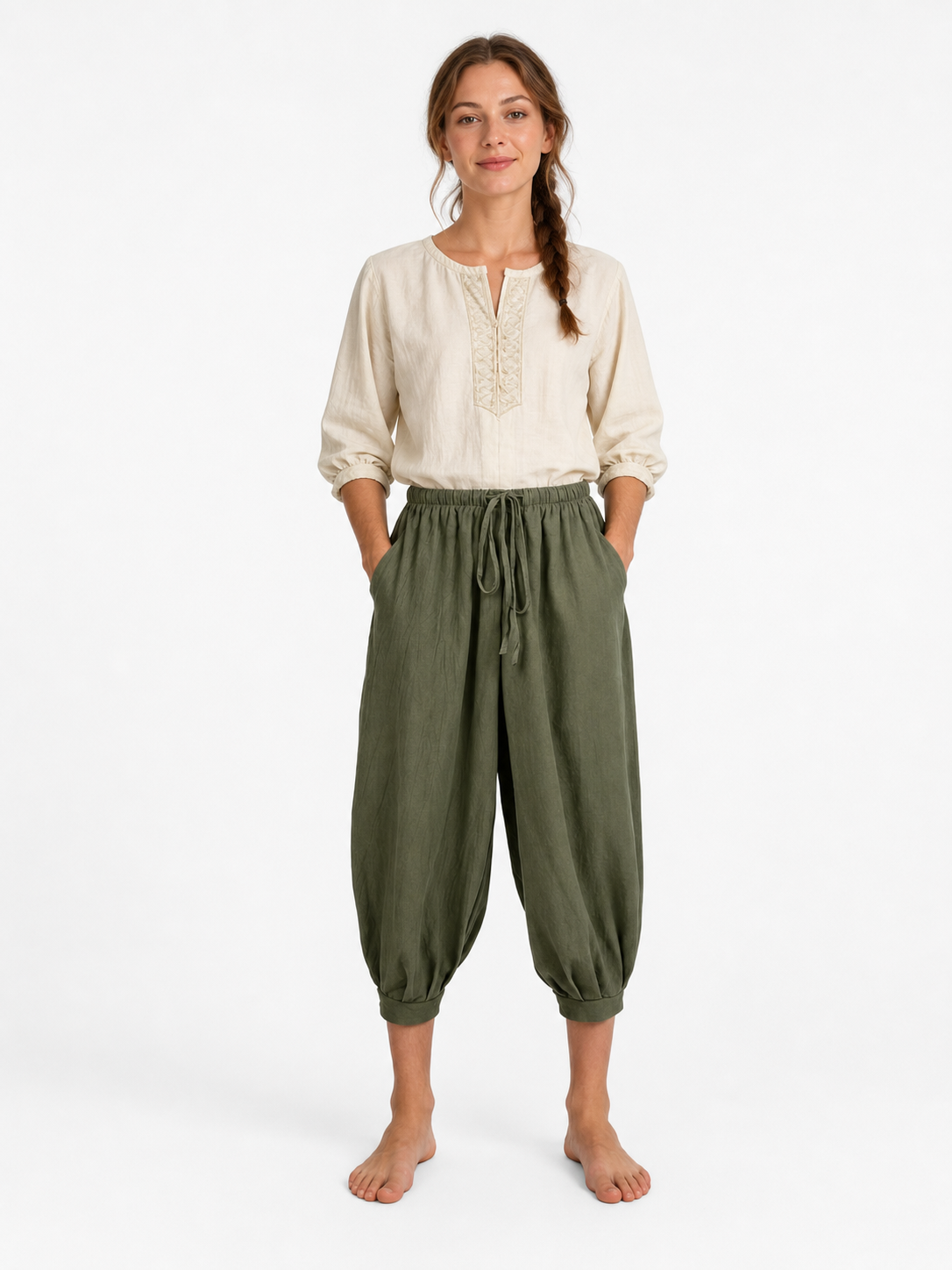Olive 7/8 Harem Pants with Pockets and Drawstring