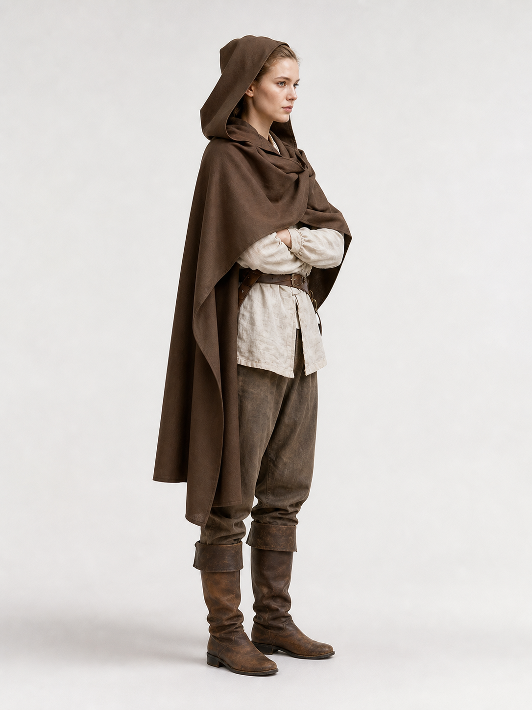 Medieval Fantasy Hooded Cloak, Deep Brown Long Draped Cape with Overlapping Front and Pointed Hem for Role Play, Stage Styling and Outdoor Wear