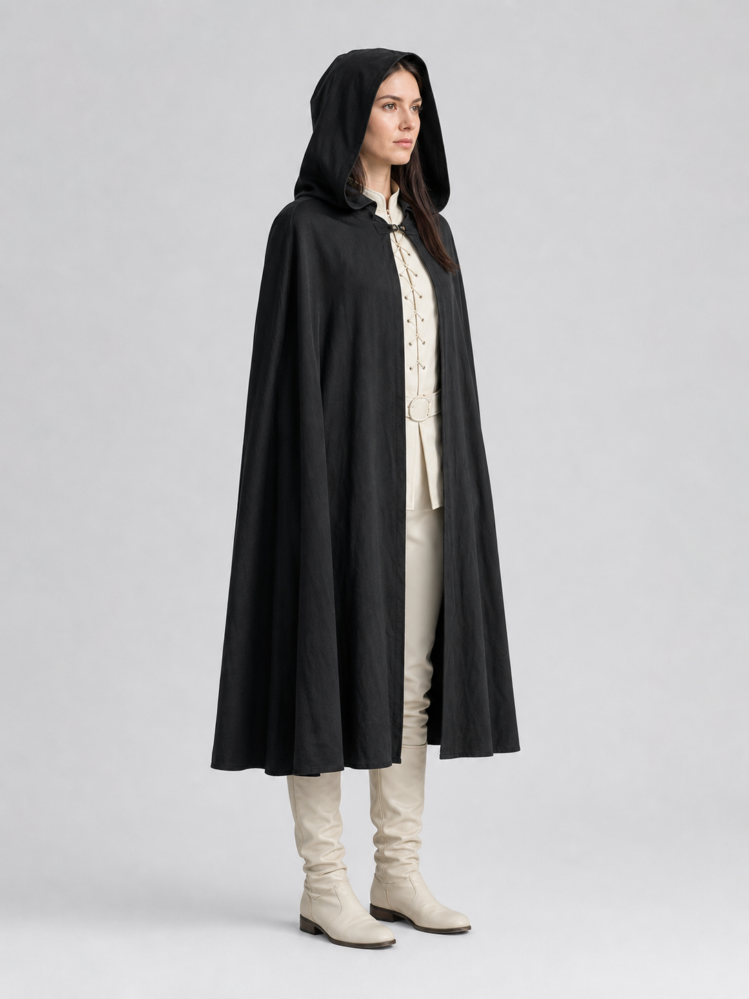 Black Long Hooded Cotton-Linen Cloak