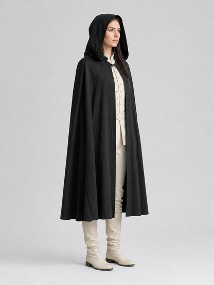 Black Long Hooded Cotton-Linen Cloak