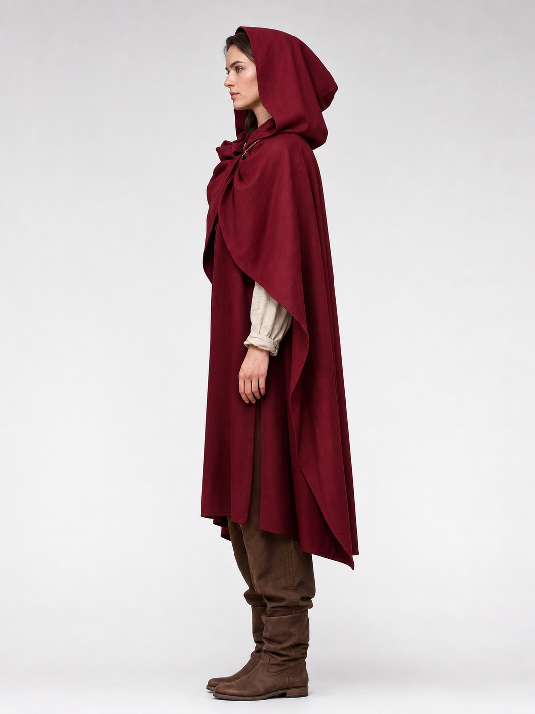 Medieval Hooded Cloak Wine Red Cape with Overlapping Front and Irregular Draped Hem for Cosplay, Theme Parties, Stage Performances and Fantasy Photography