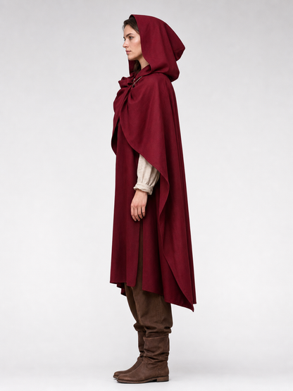 Medieval Hooded Cloak Wine Red Cape with Overlapping Front and Irregular Draped Hem for Cosplay, Theme Parties, Stage Performances and Fantasy Photography