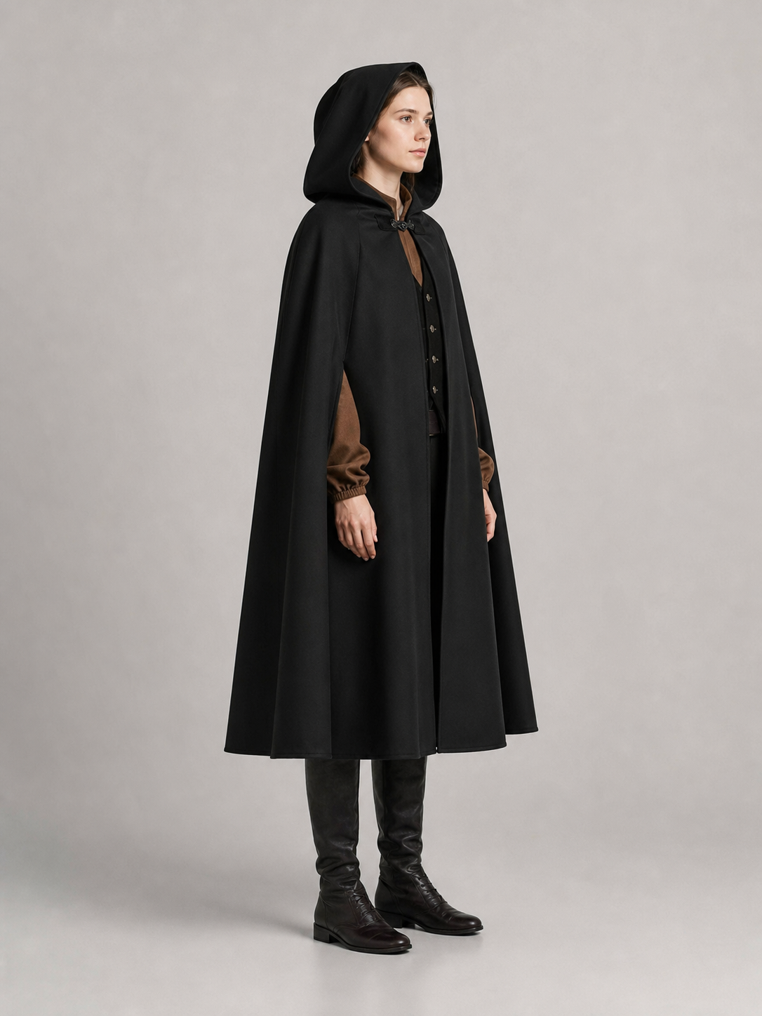 Long black hooded carnival cloak