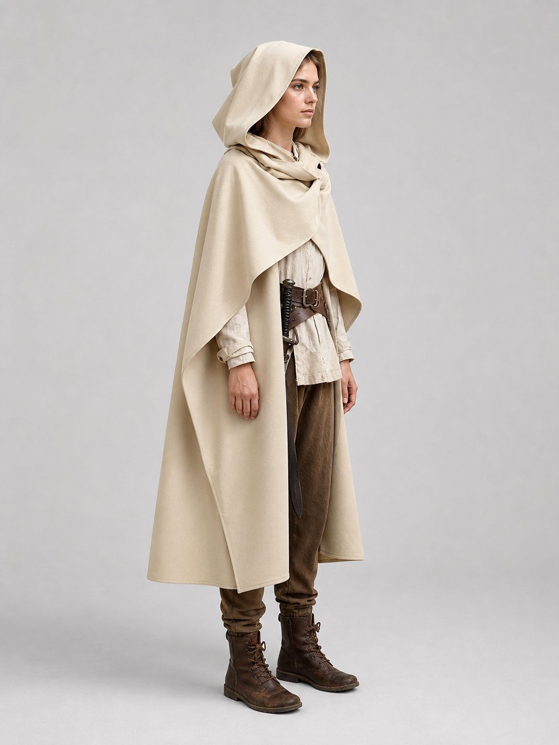 Medieval Hooded Cloak, Pointed Hood Full-Length Draped Cape in Khaki for Cosplay, Fantasy Costumes and Historical-Style Outdoor Outfits