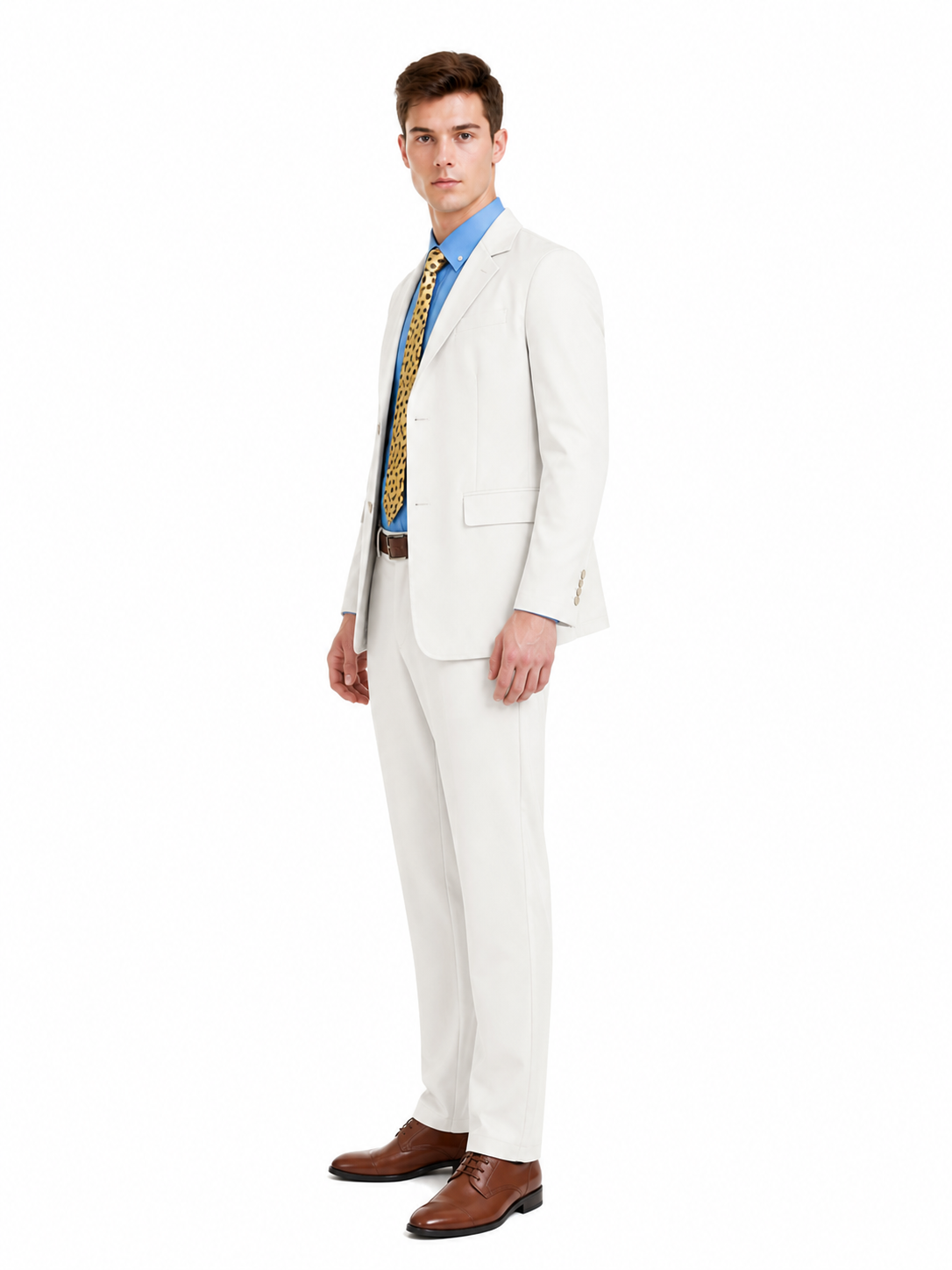 Trouser suit with shirt, suspenders, and tie side view