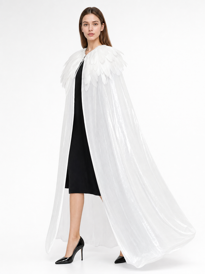 White Velvet Cape with Feather Trim, Maxi