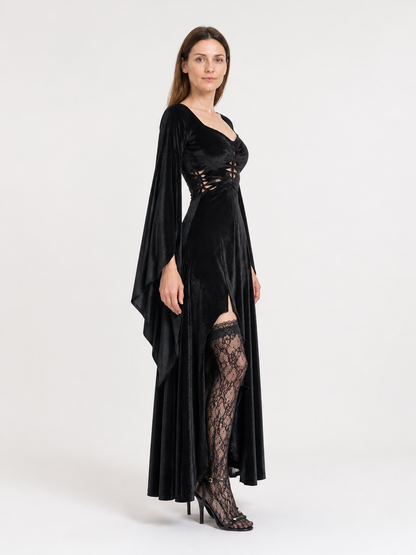 Black Long Gothic Dress with Cross-Lacing side view