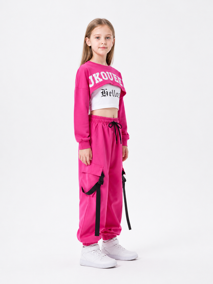 Kids' Pink Dance Costume with Top and Cargo Pants side view
