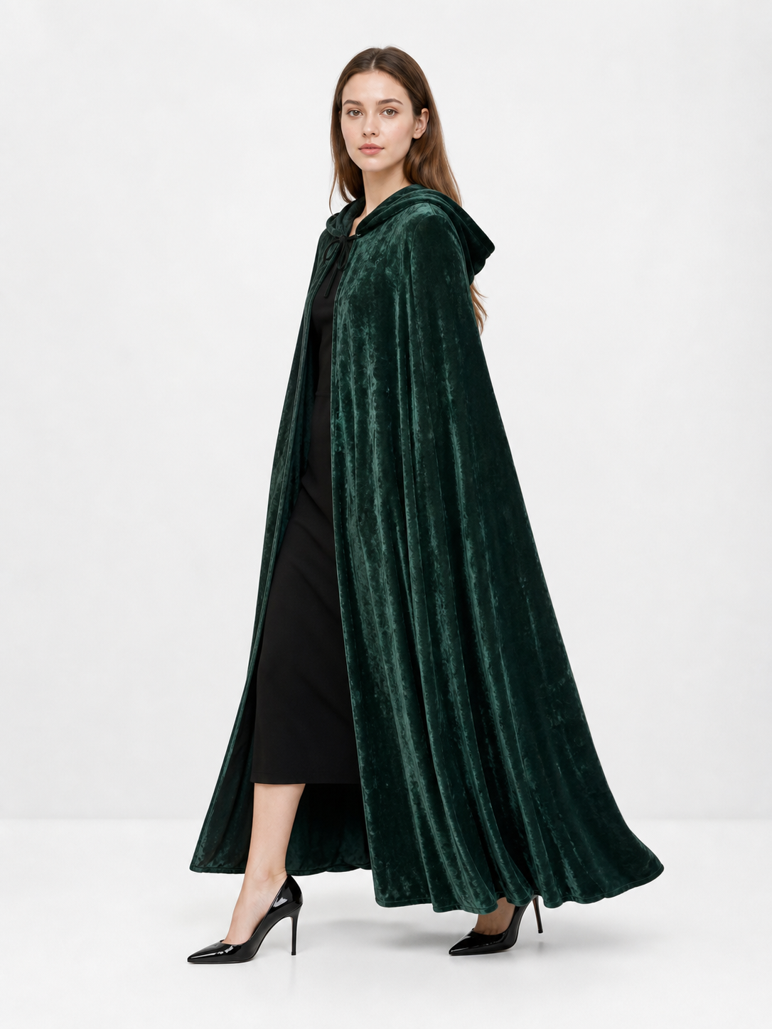 Dark green hooded velvet costume cape product view 54