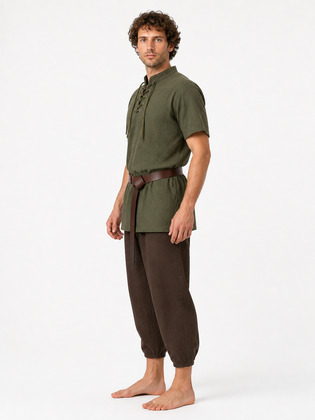 Khaki Loose Tunic with Ties, Stand Collar, and Short Sleeves side view