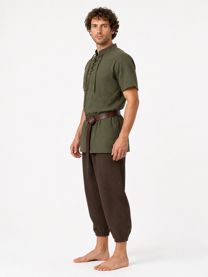 Khaki Loose Tunic with Ties, Stand Collar, and Short Sleeves side view