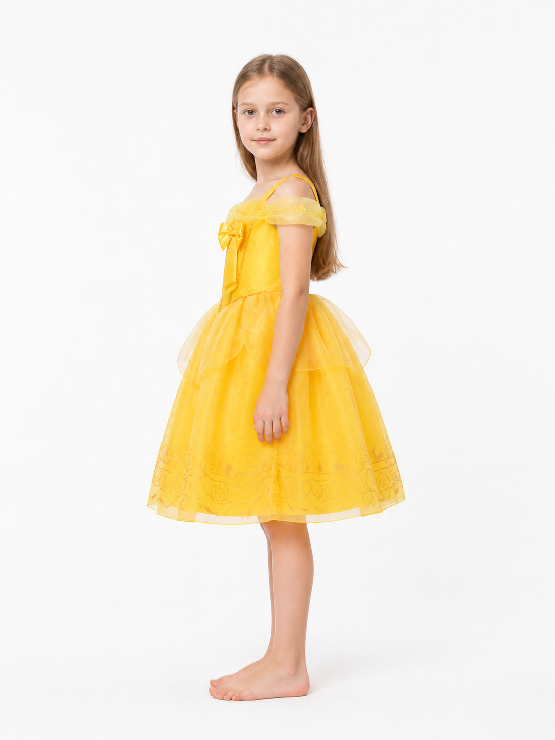 Gold Princess Costume with Bow and Full Skirt side view