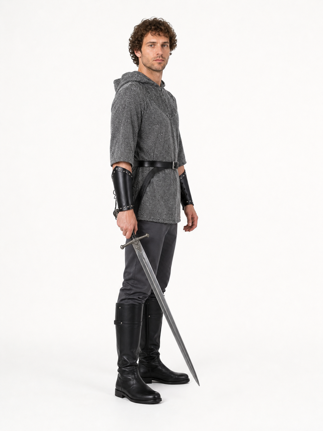 Medieval Role-Playing Costume with Hood and Sword side view