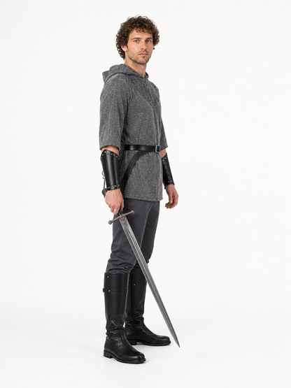 Medieval Role-Playing Costume with Hood and Sword side view