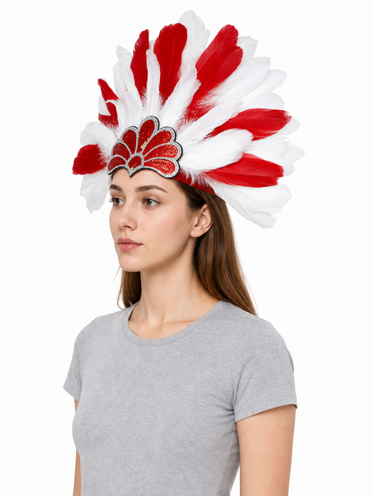 Carnival headpiece with red and white feathers