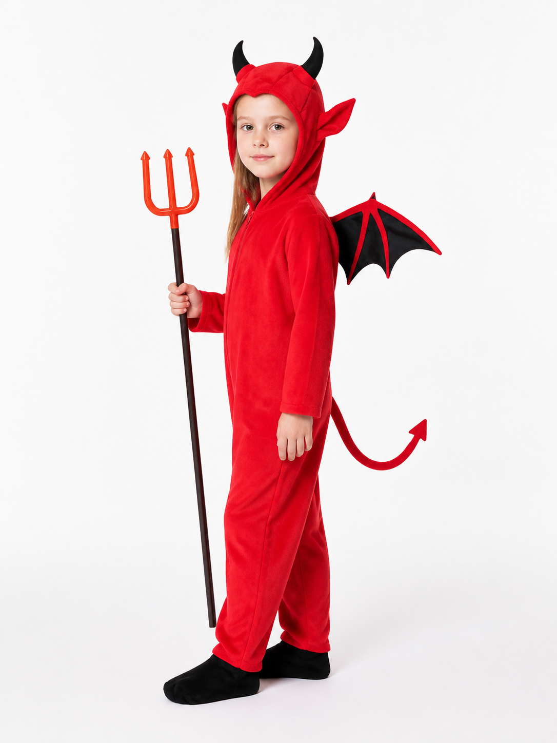 Demon Costume with Wings, Tail, and Trident side view
